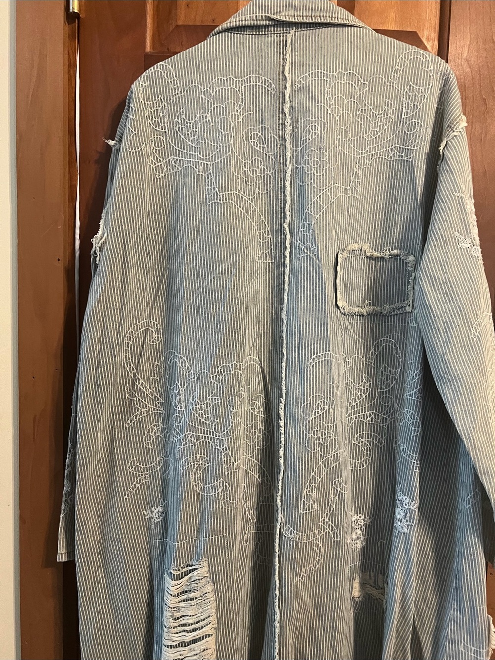 POL Light Blue Striped Trench Coat with White Distressed Detail - Picture 5 of 6